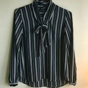 Nine West Black & White Striped Blouse Long Sleeve